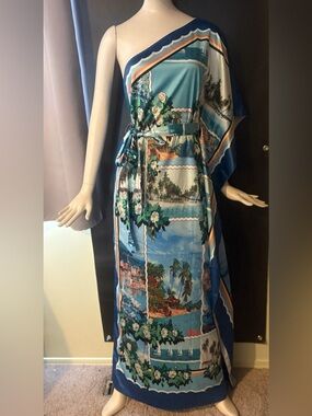 L'ATISTE Blue and Green Floral Satin Dress with Self-Tie Waist